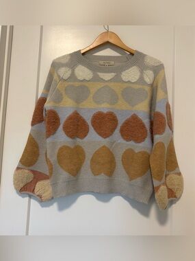 Astrid Heart Pattern Crewneck Sweater in Light Gray, Blue, Cream & Brown- Size S